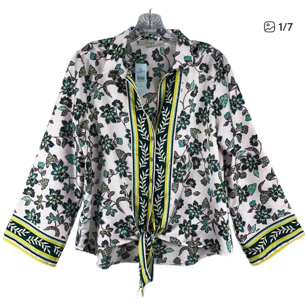 LOFT White Floral Tie-Front Blouse with Green and Yellow Trim